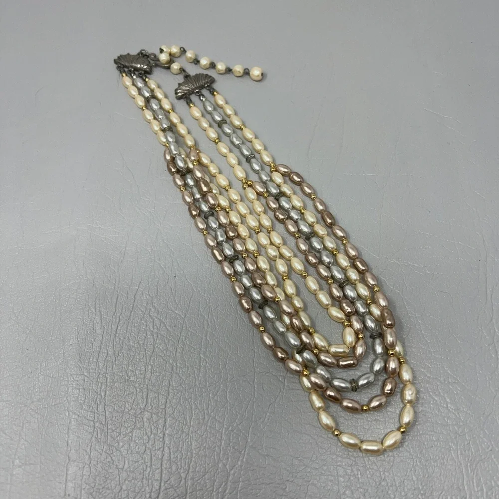 Vintage Liz Claiborne‎ Multi Strand Necklace Faux Pearl White Pink Gray
